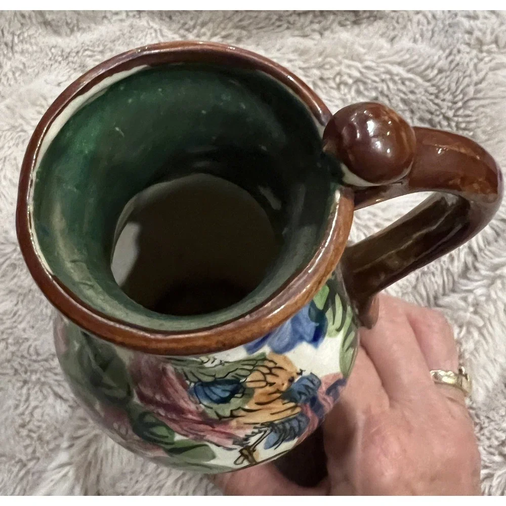 Vintage Hand‎ Painted Floral Peacock Pottery Jug Made in Japan 7.5